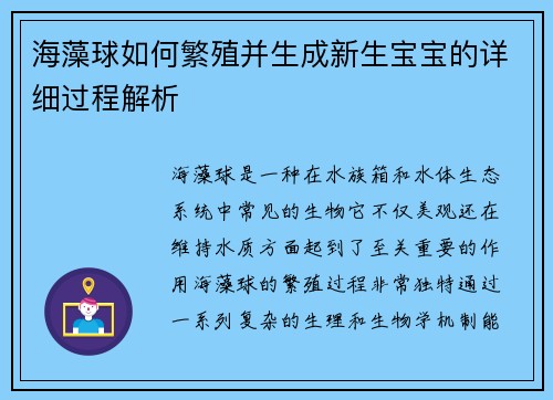 海藻球如何繁殖并生成新生宝宝的详细过程解析